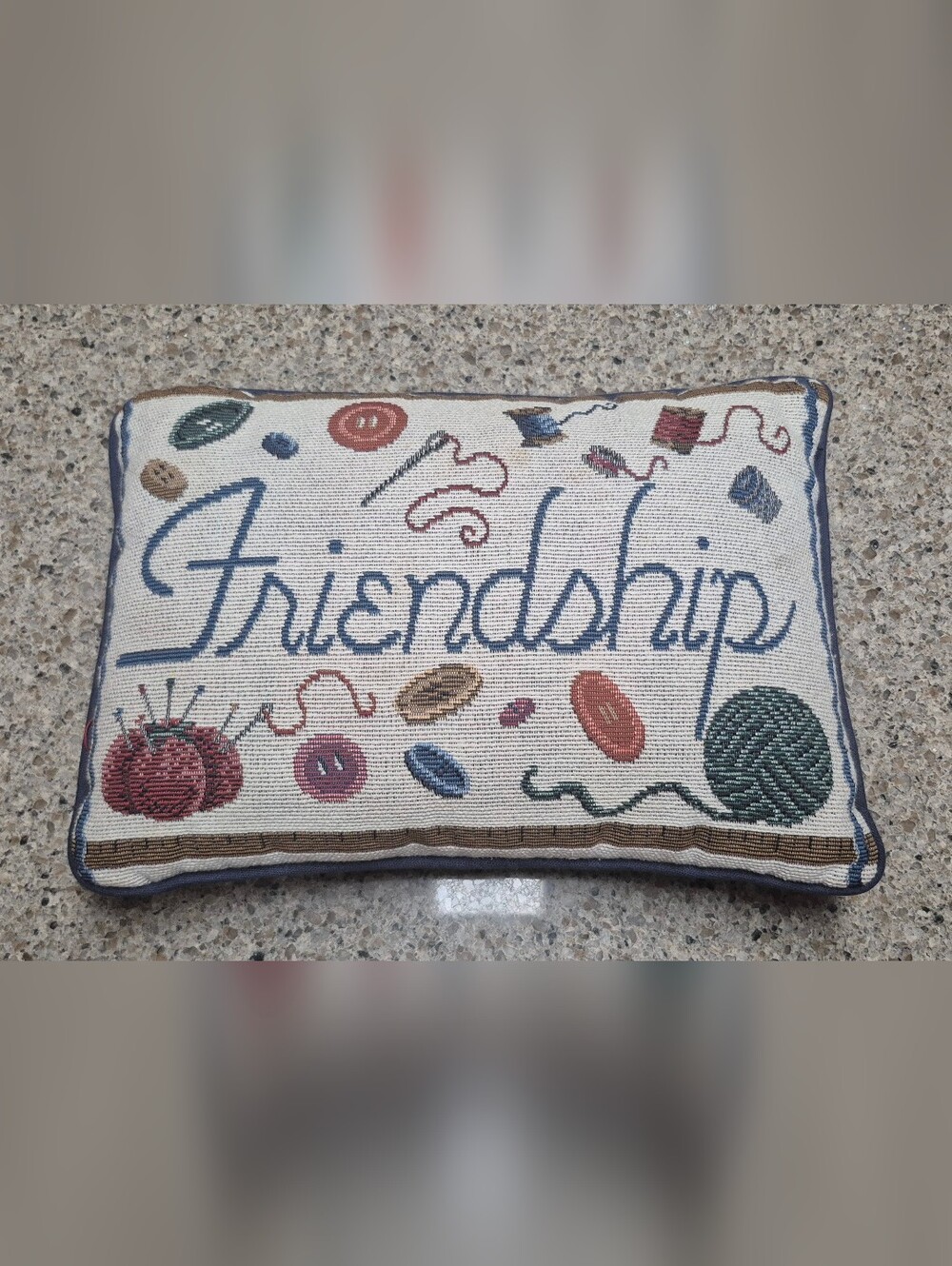​Vintage Tapestry Friendship Pillow Sewing Quilting Theme Small Accent 11X8 Blue